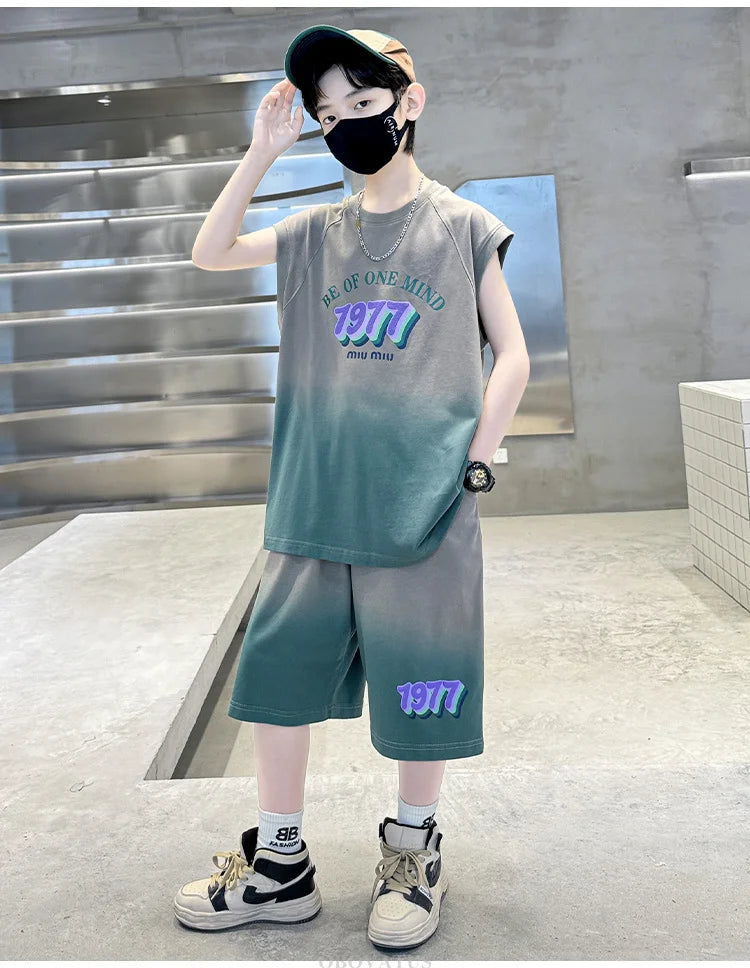 Jungen Sommer Kleidung Set Neu Lässiges Baumwoll Gradient T-Shirt & Shorts 2-teiliger Anzug Kinder Teenager Luxus Kleidung Trainingsanzug