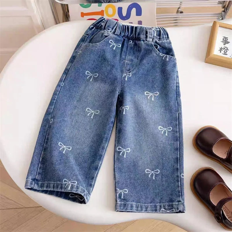 Girls Spring Autumn Jeans New Children Fashion Print Bow Loose Pants Kids Trends Wide Leg Trousers  Baby Casual Baggy Clothing
