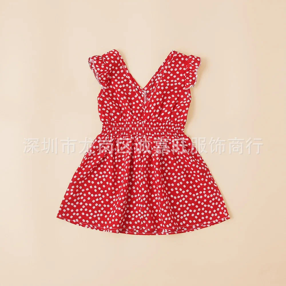 V-Neck Mother Daughter Dresses Family Set Flower Mommy and Me Matching Clothes Fashion Woman Girls Sleeveless Dress Outfits 2025