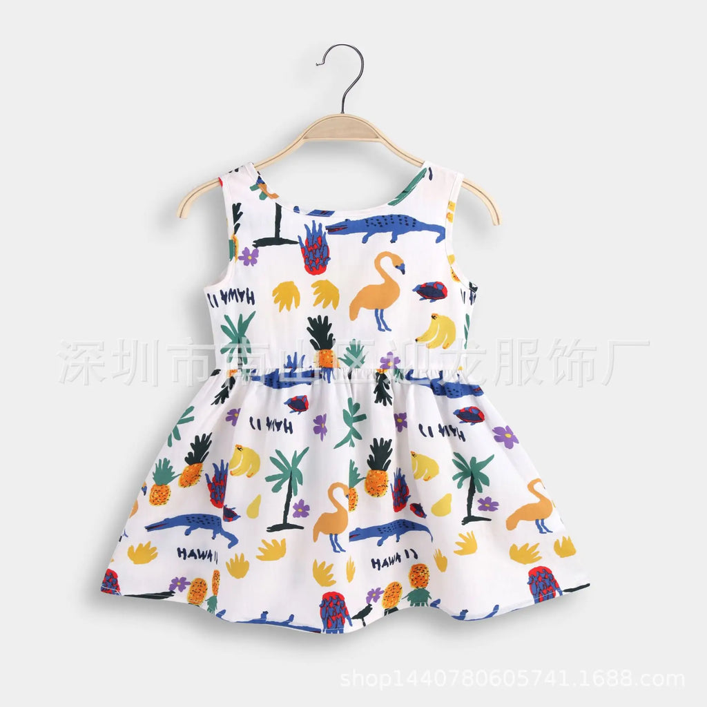 2025 Summer Girls Print Binding Rope Dress For 1-6Years Kids Cotton Sleeveless Sundress Baby Beach Above Knee Mini Casual Dress