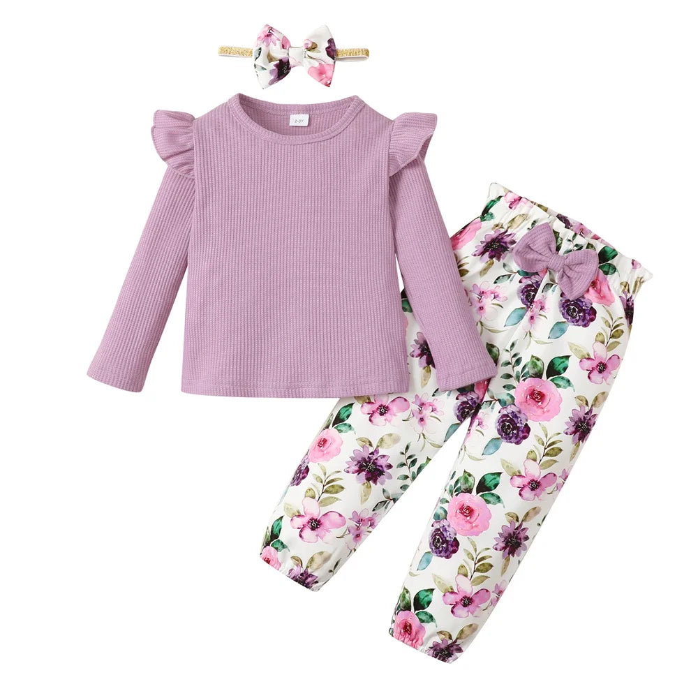 1-5Years Toddler Girl Clothes Set Long Sleeve Solid Color Top+Floral Pants  Fashion Spring & Autumn Little Girl Clothing Outfit