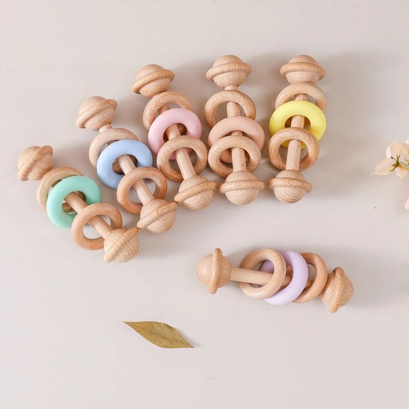 BPA-free Baby Toys Wooden Rattles Silicone Ring Rattles and Mobiles Babies 0–12 Months Sensory Toys Wooden Teether Baby Gifts
