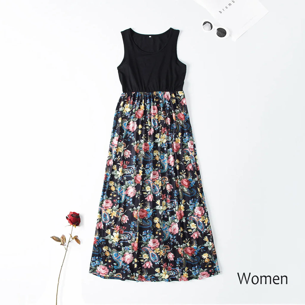 New Mother Daughter Summer Dresses Sleeveless Flower Patchwork Sundress Mom Mommy and Me Maxi Dress Family Matching Outfits
