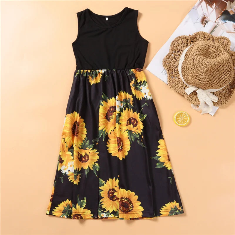 2026 New Fashion Mother Daughter Matching Dresses Family Sets Floral Woman Girls Long Dress Outfits Sleeveless Family Look Dress