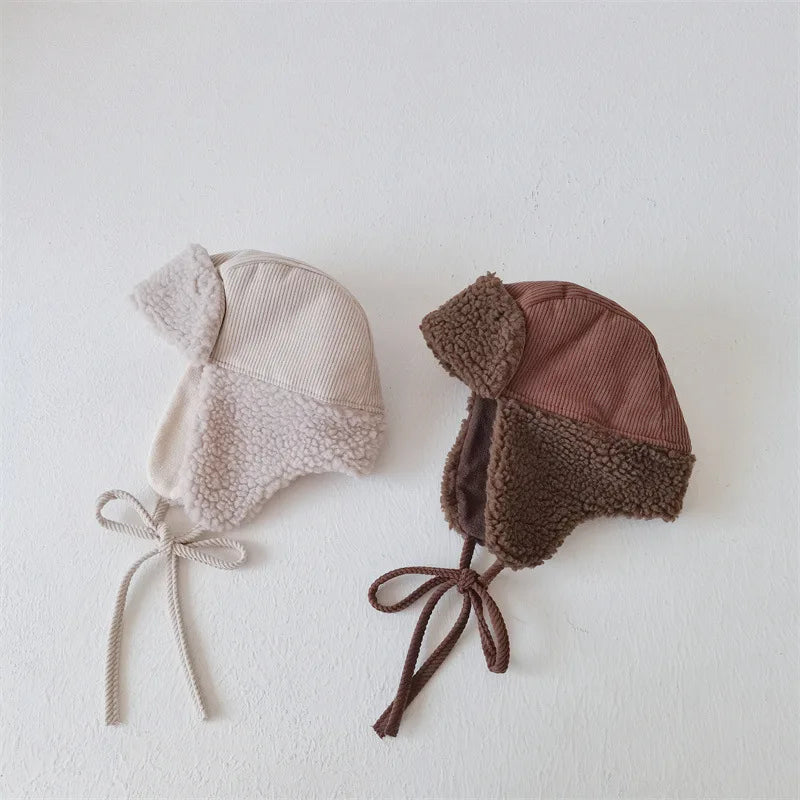 Otoño Invierno Niños Más Terciopelo Orejeras Cortavientos Frío Cálido Gorra de Pana Niño Niña Bebé Vellón Algodón Gorro Grueso Liso