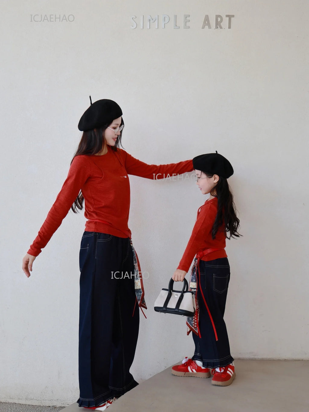 Matching Mother Daughter Children Orange Casual Outfit Straight Leg Jeans with Ribbon Trim Wide Leg Soft Denim Pants and Top Set