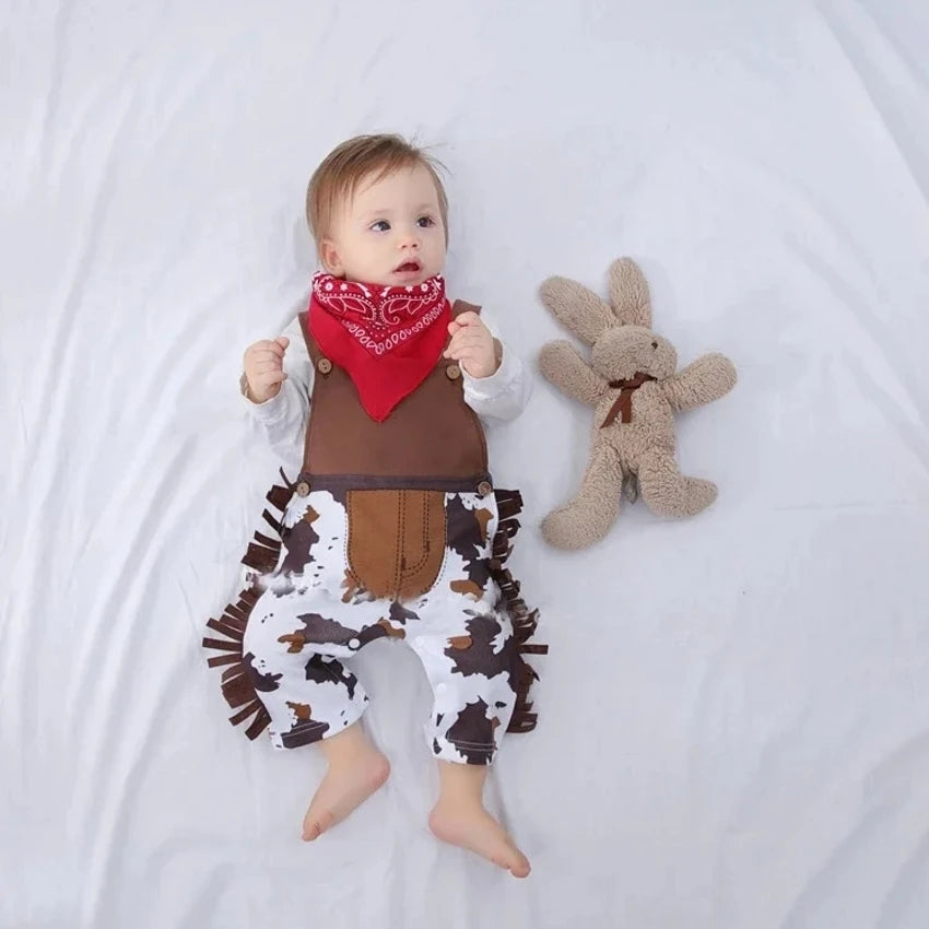 Ropa de bebé, disfraz de vaquero, conjunto de 3 piezas para bebé y niño pequeño: sombrero, bufanda, pelele, trajes de cumpleaños, vacaciones, cosplay