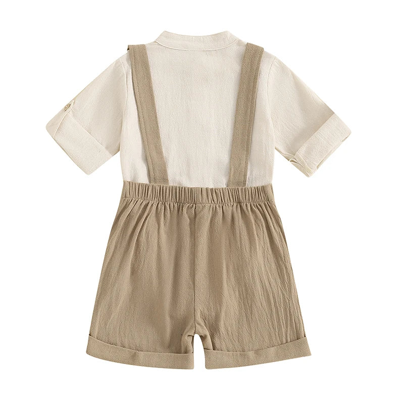Baby clothing Boys Solid Button Pocket Cotton Linen Bodysuits+Suspender Shorts Set Newborn Outfits 0-24M