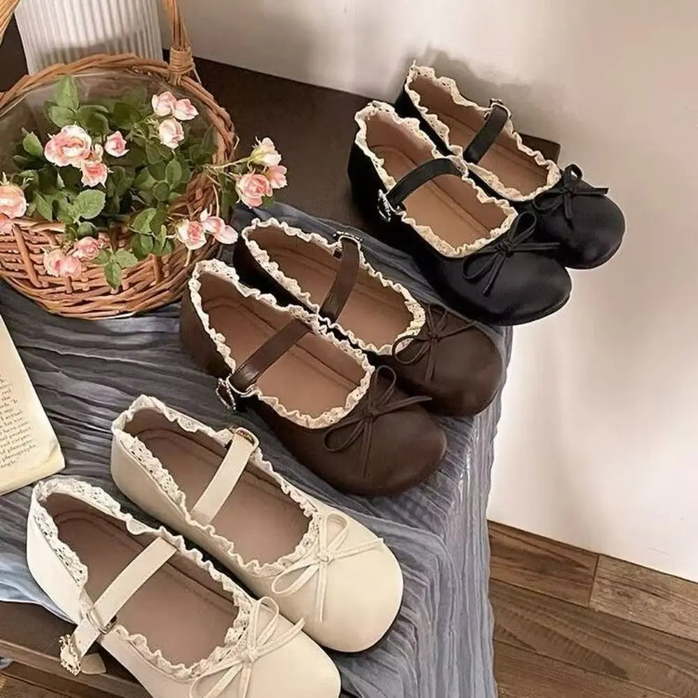 Lolita PU Leather JK Flat Shoes Bow Sweet Casual Ballet Flats Lace Ruffled Soft Sole Slip On Loafers Girls