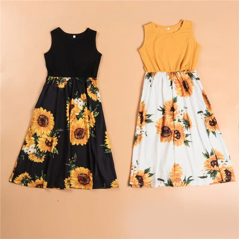 2026 New Fashion Mother Daughter Matching Dresses Family Sets Floral Woman Girls Long Dress Outfits Sleeveless Family Look Dress