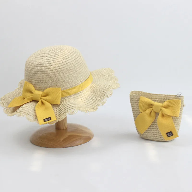 Summer Girls Beach Sun Hats Lotus Leaf Brim Cute Squinting Eyes Bowknot Outdoor Sun Protection Children Straw Cap Kids