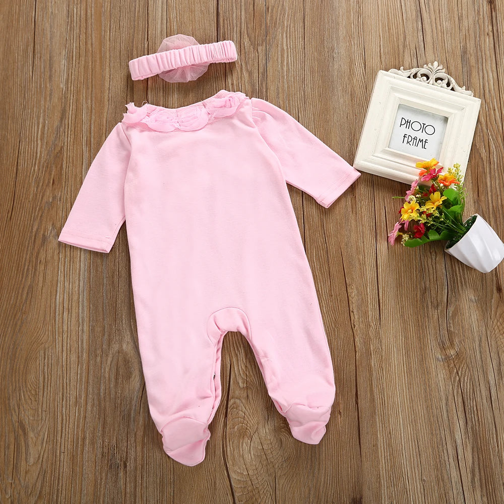 Spring  Newborn Baby Girl Clothes  2pcs Long Sleeve Lace Romper & Headband Set Cotton Flower Footies  Newborn Baby Girl Gift