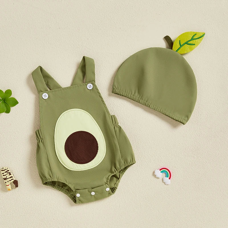 0-18 Monate Kleinkind Neugeborenes Baby Sommer-Outfit Freizeit Ärmelloser Früchte-Overall Strampler mit Hut 2-teiliges Set für Jungen und Mädchen
