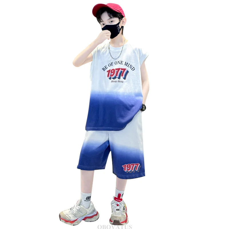 Jungen Sommer Kleidung Set Neu Lässiges Baumwoll Gradient T-Shirt & Shorts 2-teiliger Anzug Kinder Teenager Luxus Kleidung Trainingsanzug