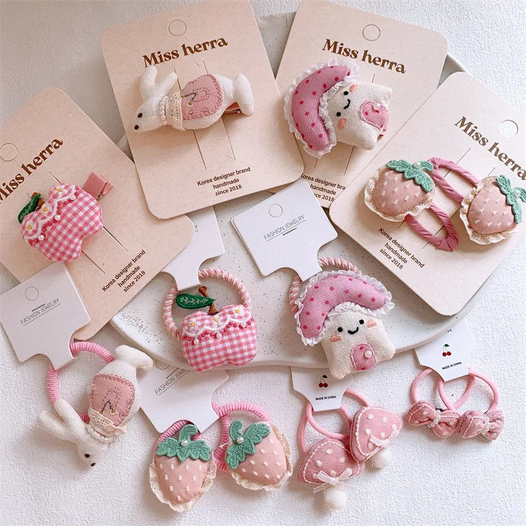 Pink Padded Fabric Cartoon Fruit Hair Clips Hair Ties for Girls Sweet Elastic Ponytail Holders Cute No Damage Hair Accessories
