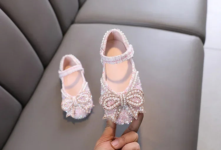 Sandalias para niñas, moda, lentejuelas, diamantes de imitación, lazo, zapatos de princesa para bebé, sandalias planas para niños, tallas 21-36