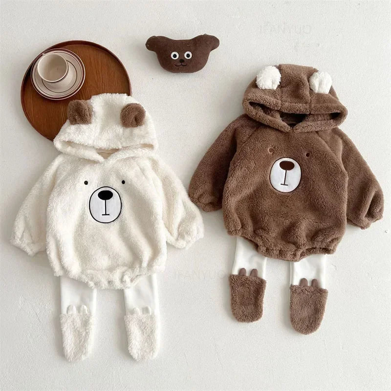 Baby Clothing Autumn Winter Cute Hooded Cartoon Bear Baby Crawling Clothes Pajamas Warm Double-sided Plush Jumpsuit Trousers Set