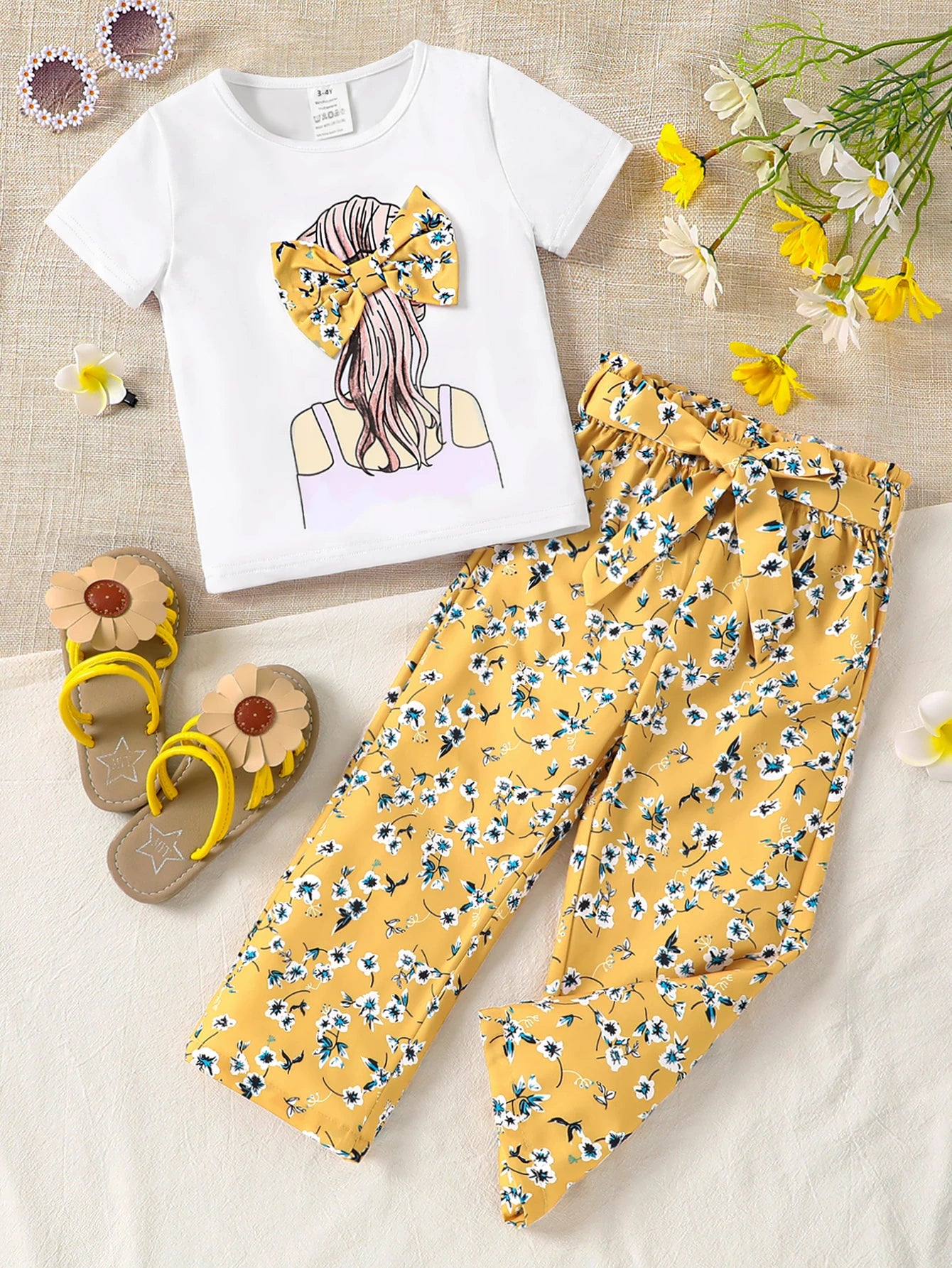 Conjunto de 2 piezas de verano para niña: camiseta con estampado de dibujos animados y pantalones rectos florales, ropa infantil transpirable, atuendo informal de moda.