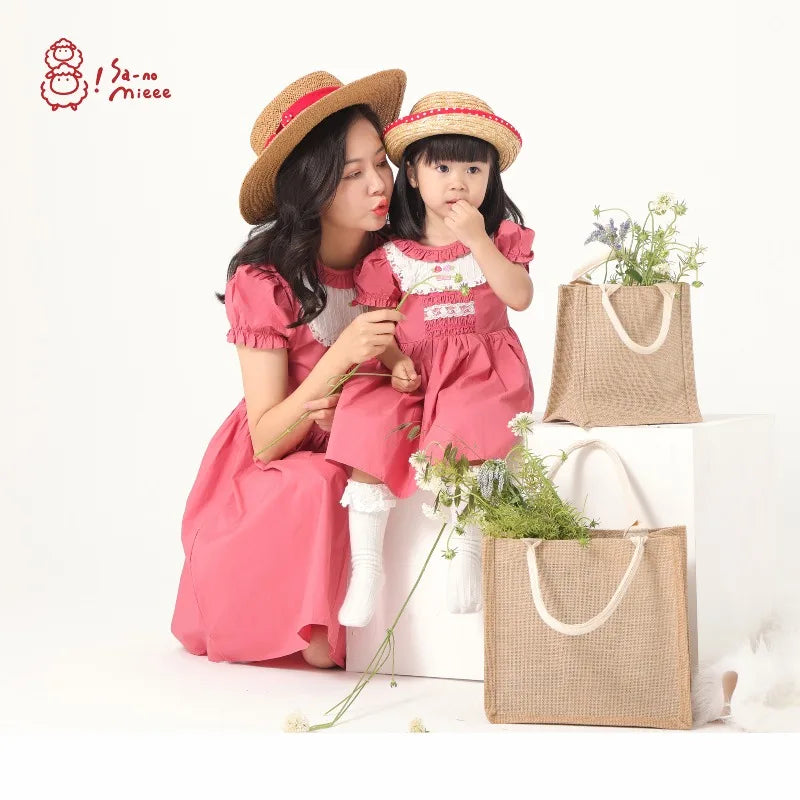 Baby One-year-old Mother and Daughter Boutique Dress Rose Red Dress Girls Summer Parent-child Mori Pastoral Dress