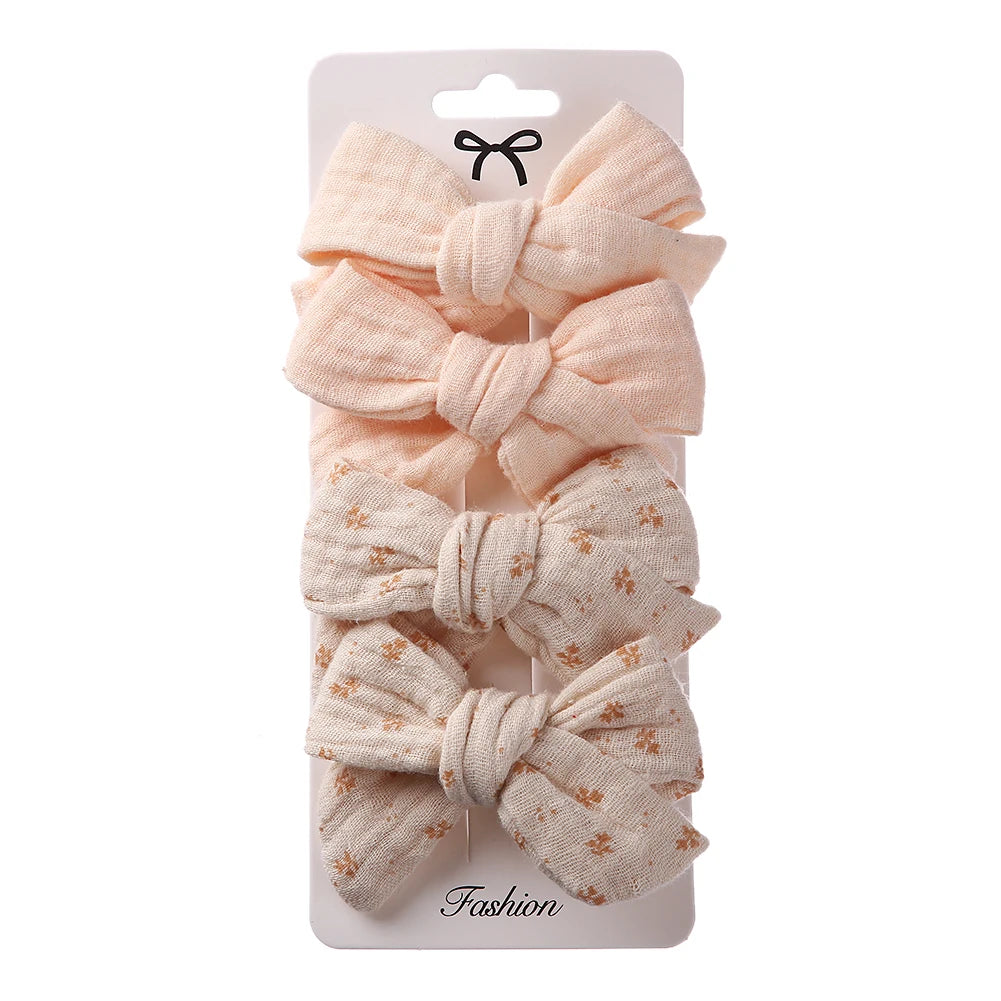 4Pcs/Set Baby Bows Hair Clips Muslin Girls Hairpins Hairclip For Kids Cotton Linen Barrette Flower Print Side Pin  Accessories