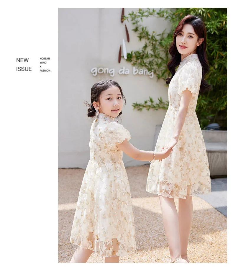 Mother Daughter Matching Dresses Vintage CheongsamGirl Daily Wear Retro Floral Dress Princess Gown Summer Outfit Mommy and