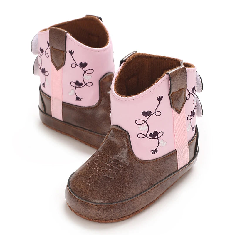 Leather Western Boots Cowboy Bootie Soft Sole Non-Slip Crib Shoes for Baby Infant Toddler Girls Boys Newborn