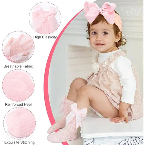 Baby Girls Big Bow Headband and Knee High Socks Cute Bows Lace Soft Super Elastic Headband for Newborn Infant Toddlers Headwear