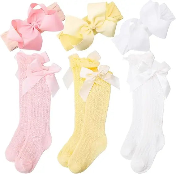 Baby Girls Big Bow Headband and Knee High Socks Cute Bows Lace Soft Super Elastic Headband for Newborn Infant Toddlers Headwear