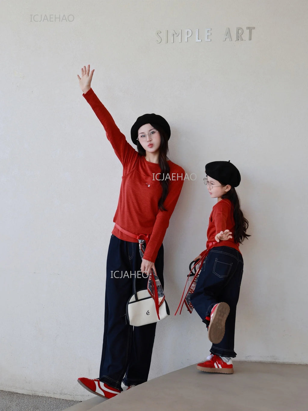 Matching Mother Daughter Children Orange Casual Outfit Straight Leg Jeans with Ribbon Trim Wide Leg Soft Denim Pants and Top Set