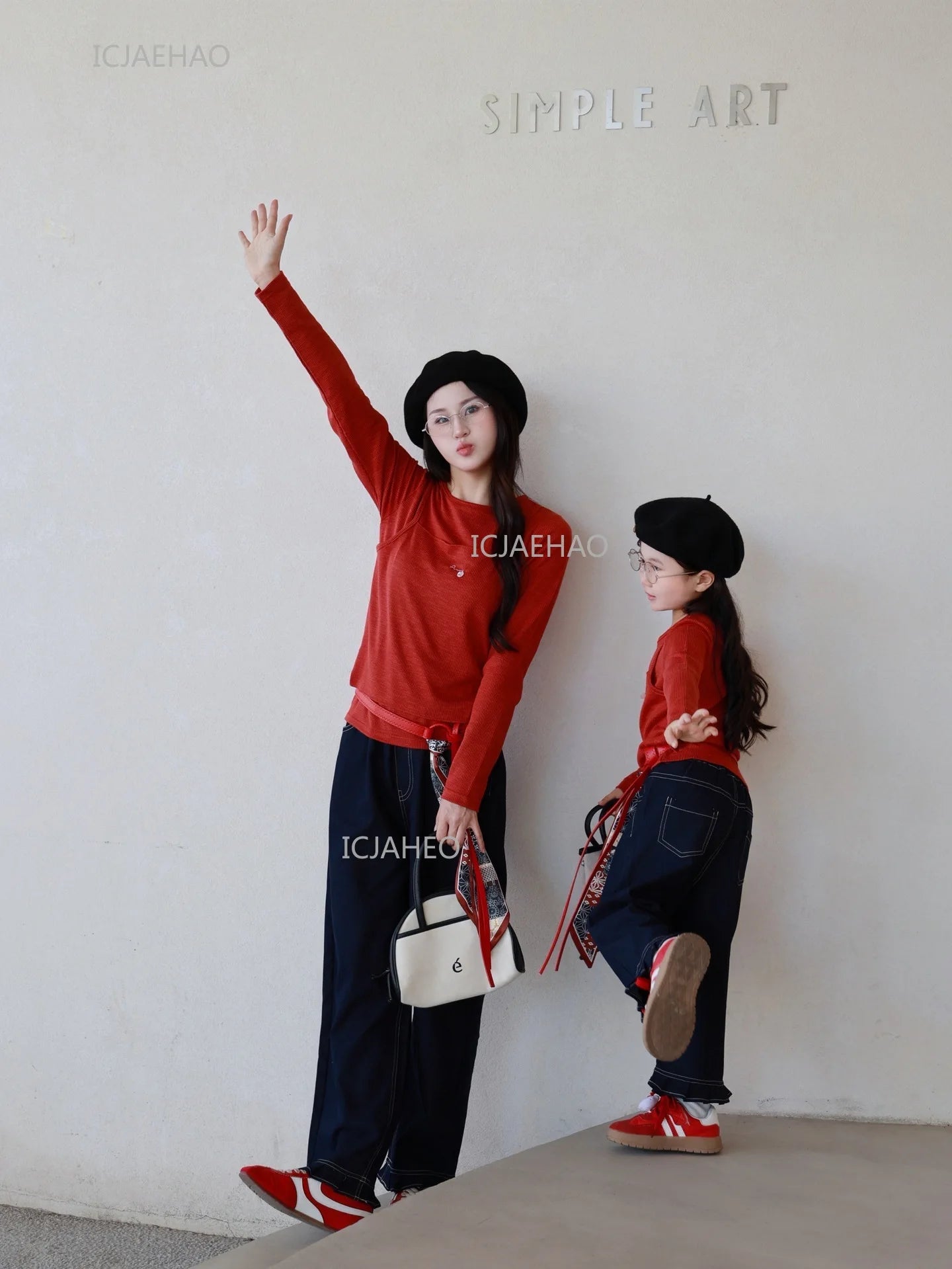 Matching Mother Daughter Children Orange Casual Outfit Straight Leg Jeans with Ribbon Trim Wide Leg Soft Denim Pants and Top Set