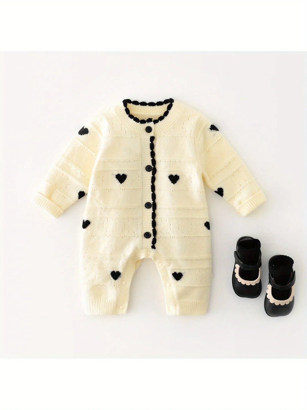 Spring and Autum Korean Style New Girls' Heart Long-Sleeved Jumpsuit Newborn Single-Breasted Cover-Up Crawling Suit Jumpsuit