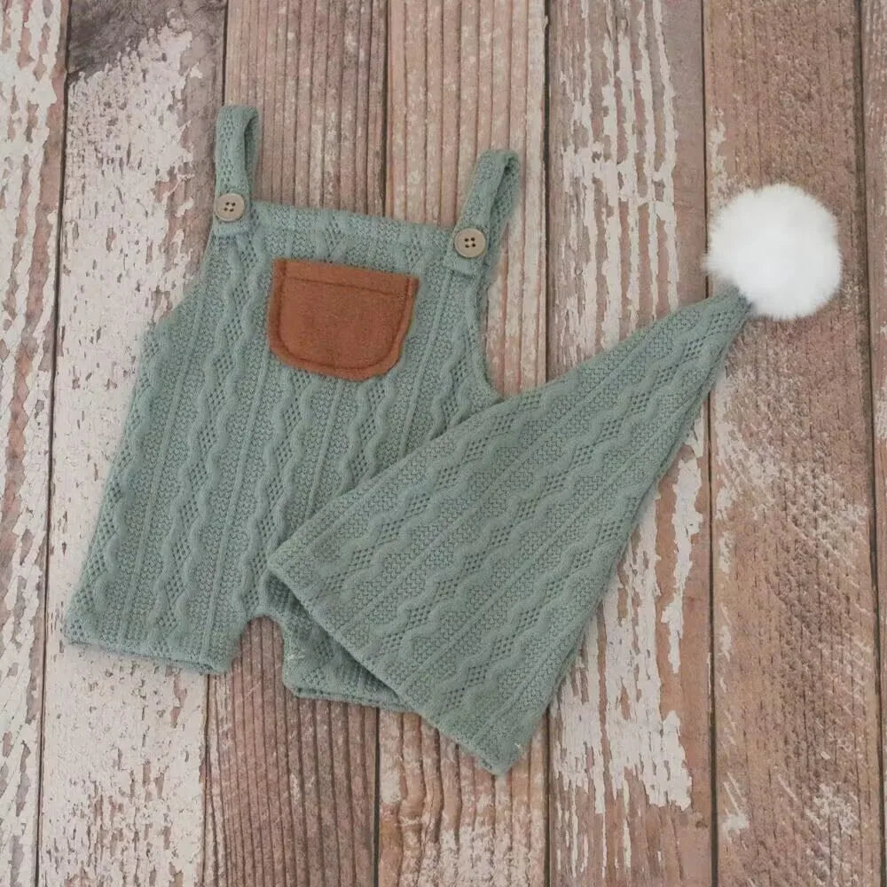 Newborn Baby Photography Clothes Outfits Knitted Infant Boy Girl Photo Shoot Clothing Sets Suspender Pants Hat With Fur Pompom