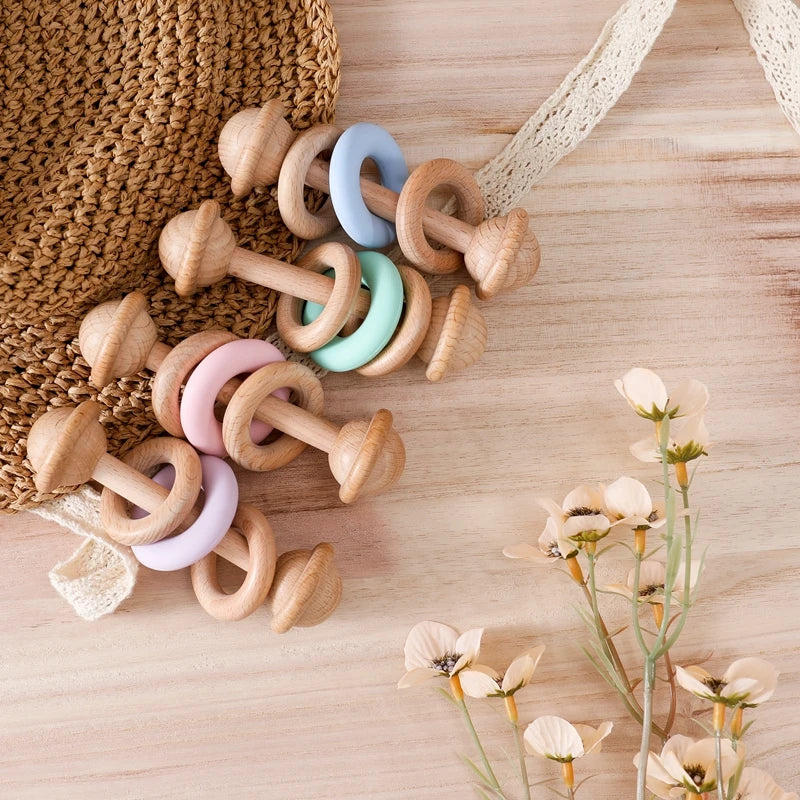 BPA-free Baby Toys Wooden Rattles Silicone Ring Rattles and Mobiles Babies 0–12 Months Sensory Toys Wooden Teether Baby Gifts