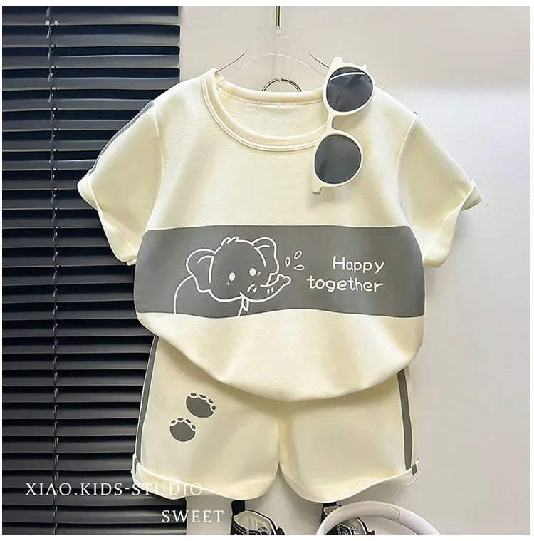 2024 Neues Kinder Kurzarm-Anzug Gestreifte Mädchen Jungen Set Sommer Oberteile + Kurze Babykleidung Kinderbekleidung