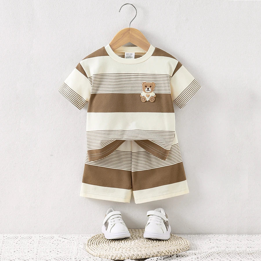 Conjunto de 2 piezas de camiseta de punto de cuello redondo transpirable y fresco para bebés de 2025 + pantalones cortos para niños y niñas, ropa para bebés y niños pequeños