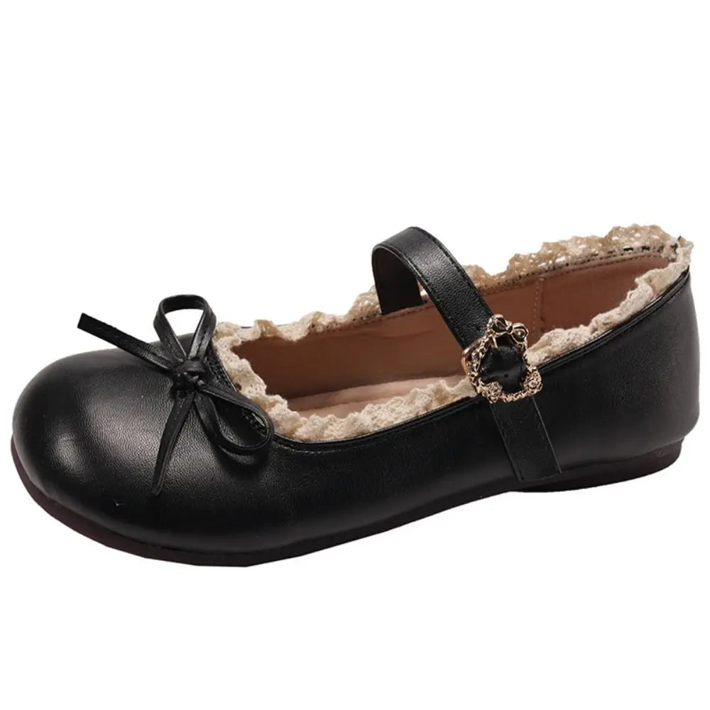 Lolita PU Leather JK Flat Shoes Bow Sweet Casual Ballet Flats Lace Ruffled Soft Sole Slip On Loafers Girls