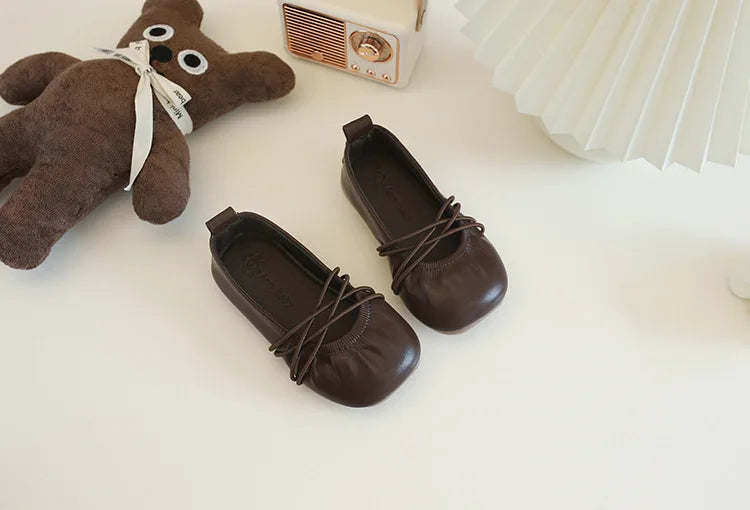 Baby Girls Leather Shoes Soft Princess Ruffles Pleated Mules Kids Casual Flats Slip-on 2025 Autumn New Children's Dress Shoes