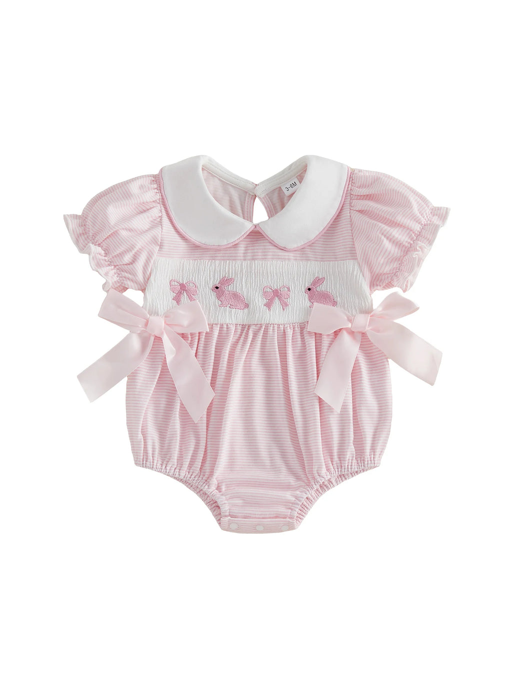 Mädchen Baby Oster-Outfit Strampler mit Hasen-Stickerei, Bubikragen und kurzen Puffärmeln, niedliche Osterkleidung