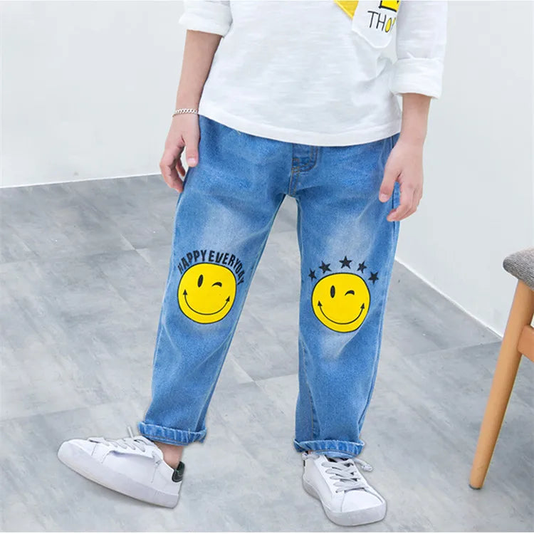 Jeans de niños de primavera otoño, pantalones vaqueros elásticos de algodón con estampado empalmado, pantalones de mezclilla coreanos para adolescentes, ropa infantil