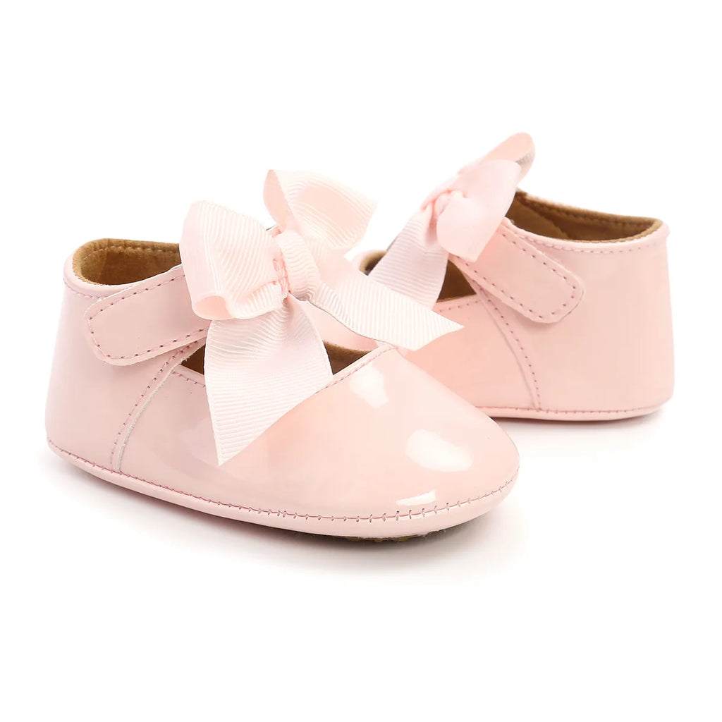Bailarinas con nudo de lazo para bebé, suela de goma antideslizante, zapatos de PU para primeros pasos, zapatos de vestir para cuna de bebé