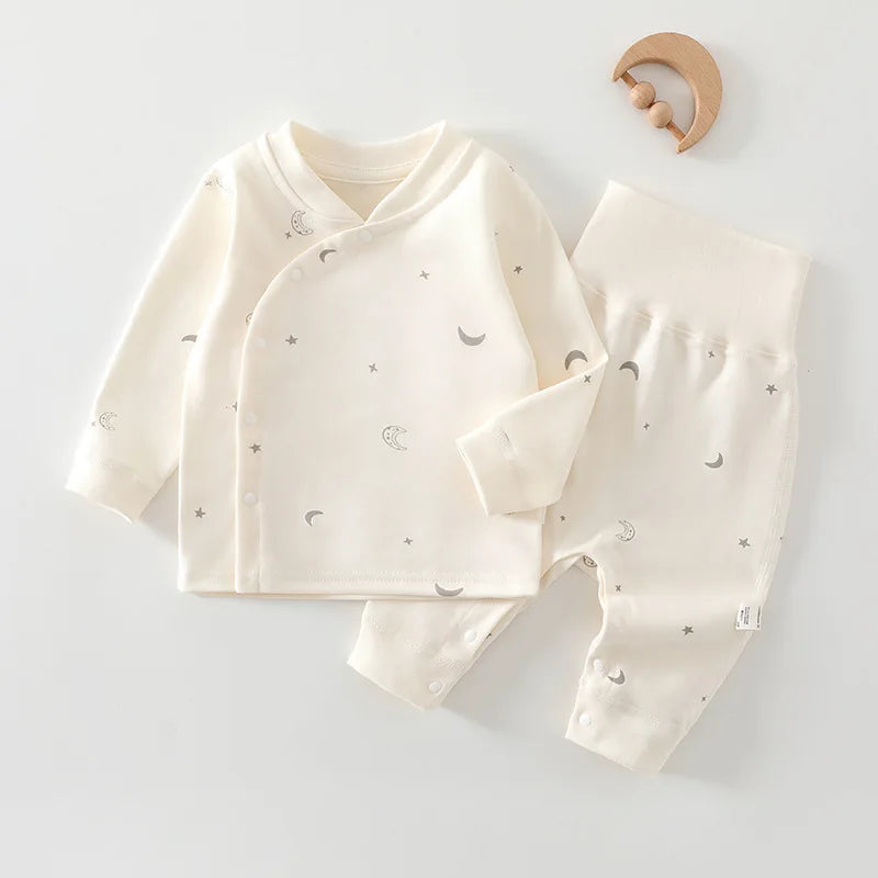 Baby Clothes 2Pcs Infant Spring Cotton Pajama Set V-Neck Long Sleeve High Waisted Belly Warming Printed Infant Clothing