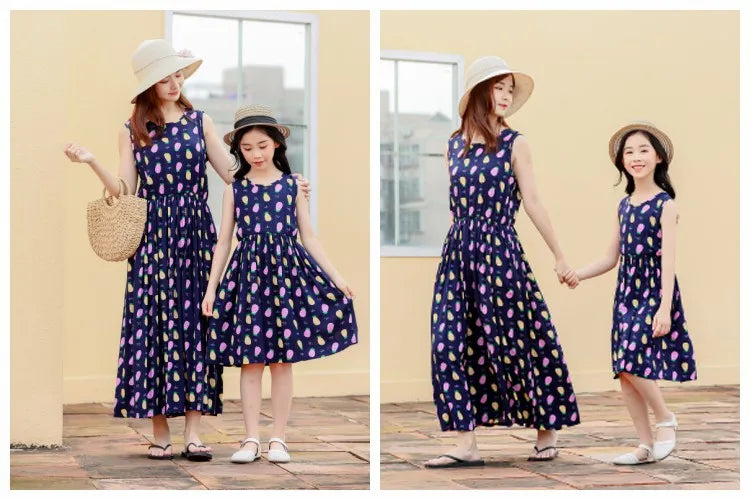 New Mother Daughter Summer Dresses Sleeveless Floral Flower Print Sundress Mom Mommy and Me Beach Dress Family Matching Outfits
