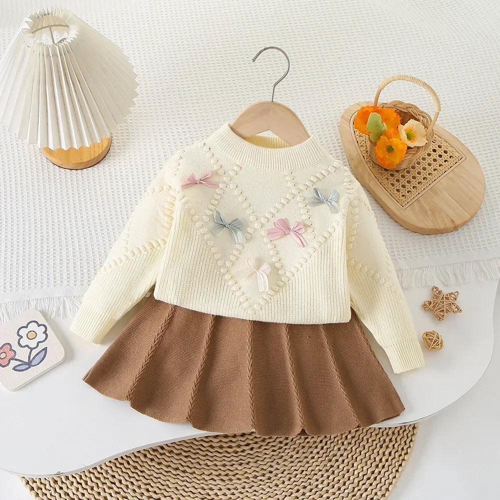 Children's Clothing Sets Bow Knit Top + Pleated Skirt Winter Baby Girl Clothes Knit Sweater for 2 -6 Years Toddler Girl Cardigan