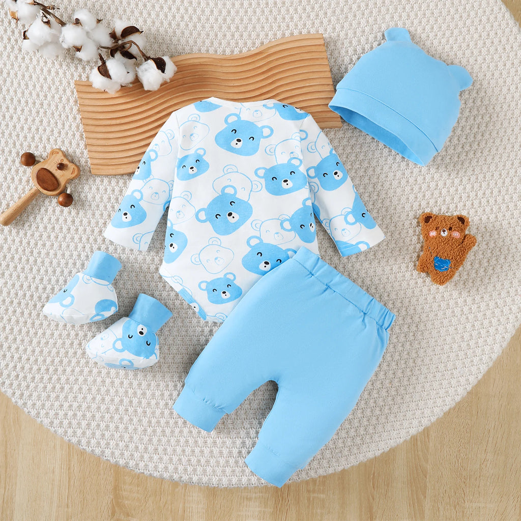 Neugeborenes Baby Jungen Set Bärchen Langarm Strampler + Lange Hose + Mütze + Socken 4-teiliges Set 0-9 Monate Baby Jungen Frühling und Herbst Set