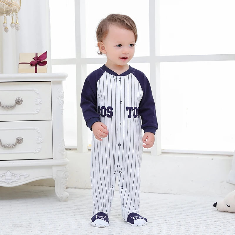 Uniforme de béisbol de algodón puro para bebé, manga larga bombacha, ropa de recién nacido, envoltorio de pies, primavera, otoño, 0-1 año
