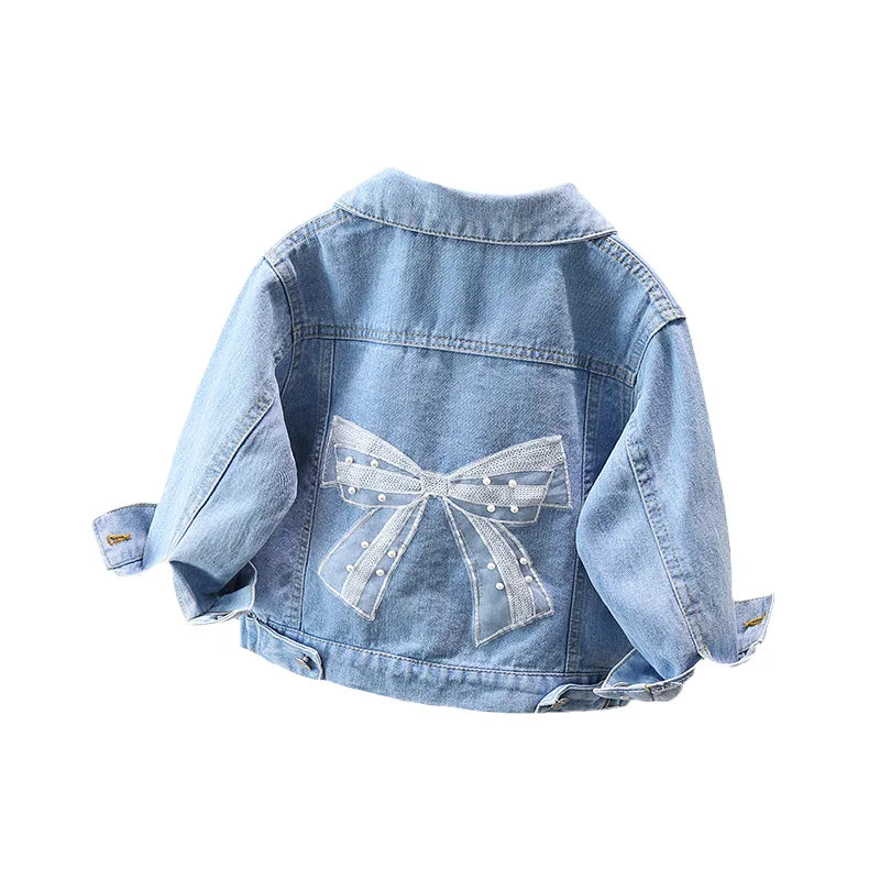 2-9 Years Babi Girls Denim Jacket New Fashion Baby Kids Jean Coats For Girls Cute Lace Bow Design Children Outerwear Clothing