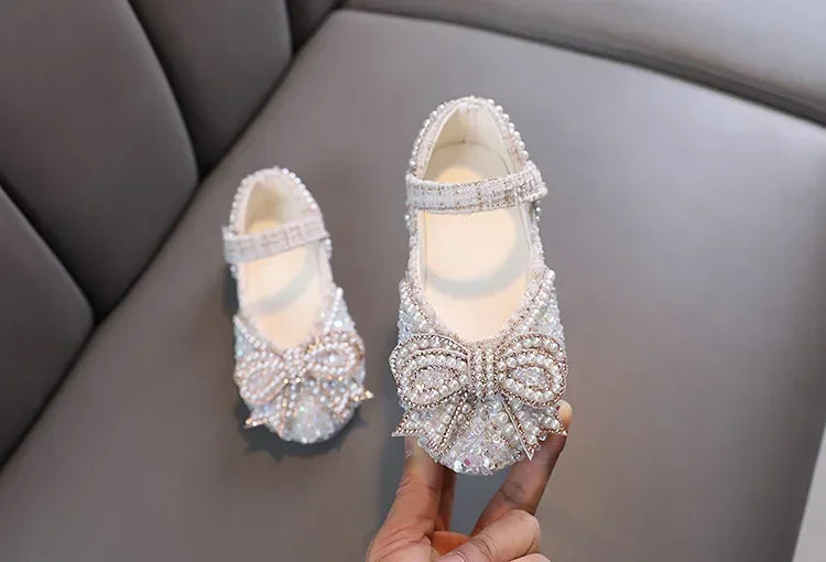 Sandalias para niñas, moda, lentejuelas, diamantes de imitación, lazo, zapatos de princesa para bebé, sandalias planas para niños, tallas 21-36