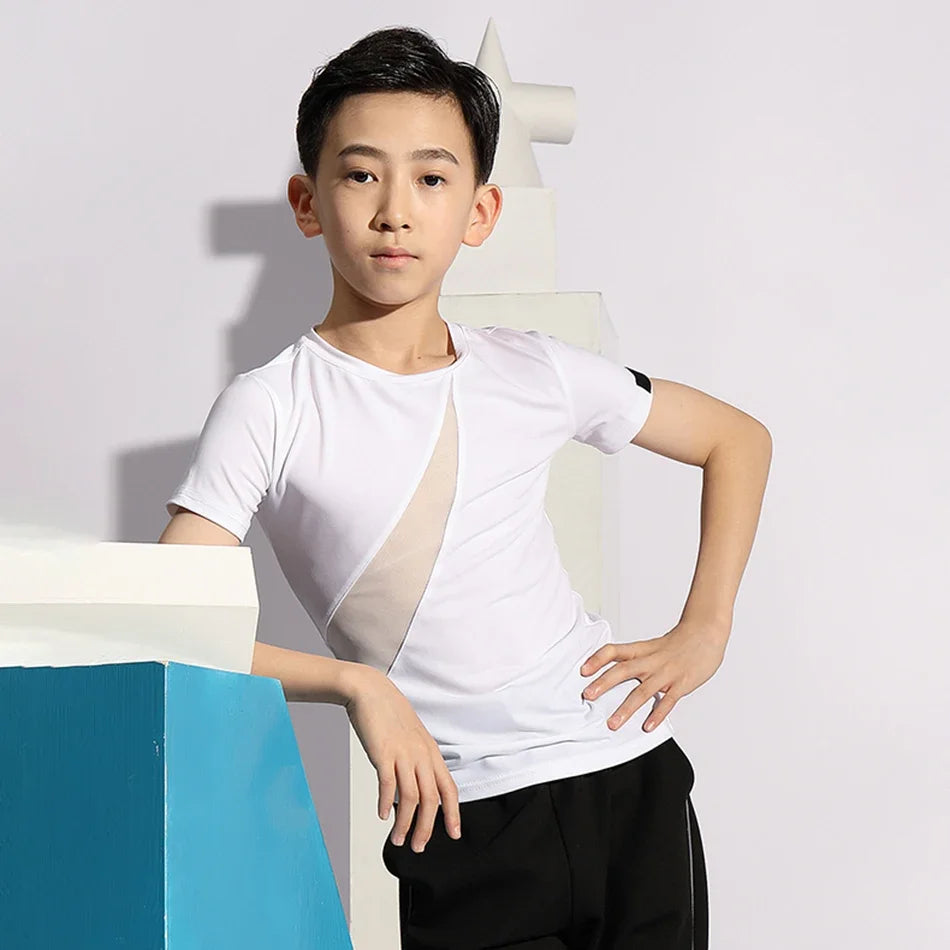 Boys Latin Dance Costume Short Sleeve Top Kids Latin Dancing Shirts Competition Performance Wear Samba Salsa Practice Clothing