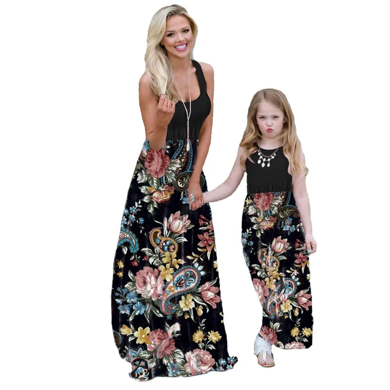 New Mother Daughter Summer Dresses Sleeveless Flower Patchwork Sundress Mom Mommy and Me Maxi Dress Family Matching Outfits