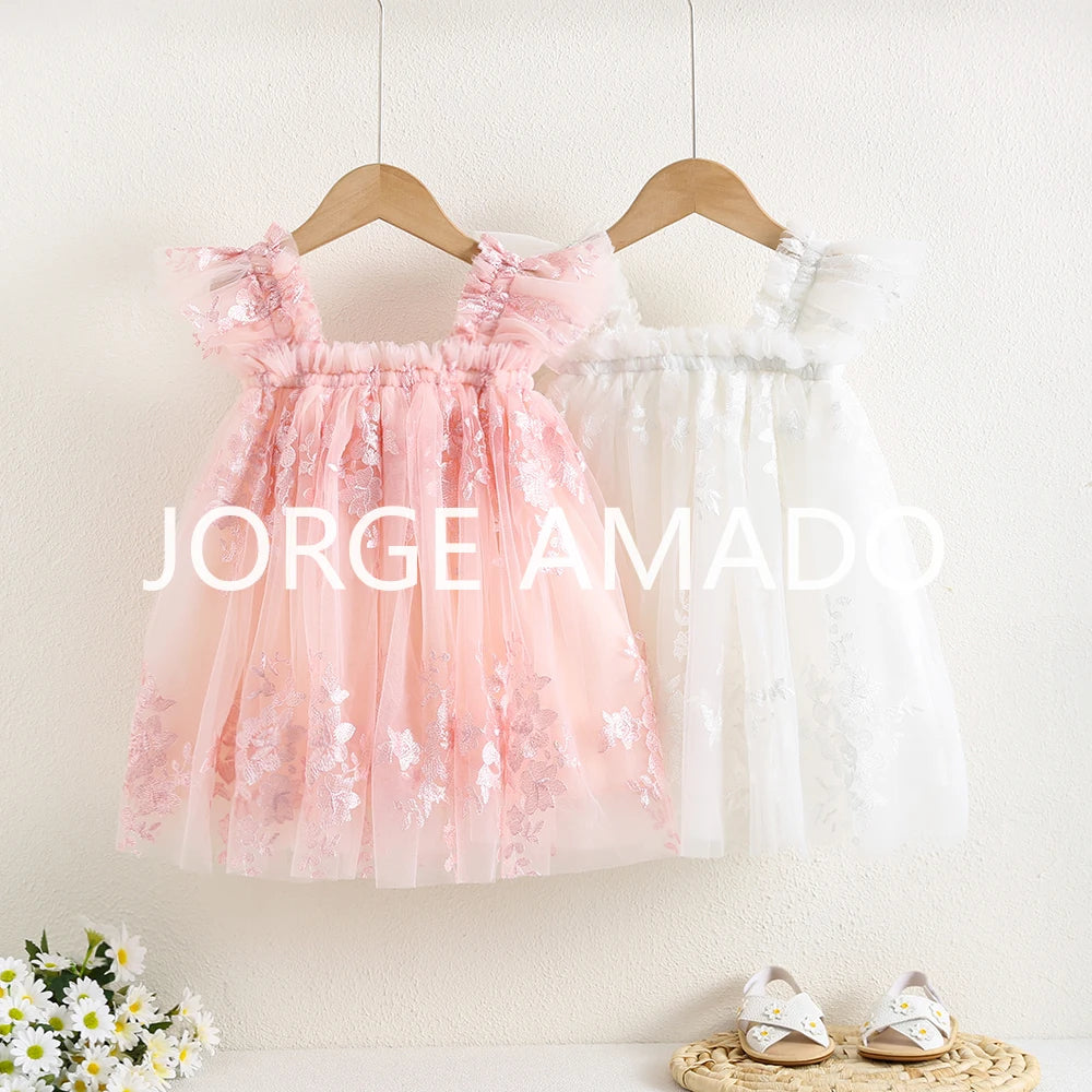 Nuevo vestido de verano para bebé niña, bonito bordado de color liso, tutú de tul, vestidos de princesa para fiesta, vestidos informales elegantes, A5956